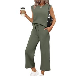 Conjuntos de dos piezas para mujer, informales, de verano, pantalones anchos, conjunto de descanso, sin mangas, cuello redondo, tejido transpirable. - Product Image 1