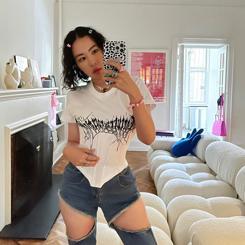 Gothic Emo Graphic Print White T Shirt Harajuku Sexy Hollow Out Lace Up Corset Crop Tops Aesthetic Punk Women O Neck Basic Tees Buy T Shirts Women Women Graphic Tees T Shirt Gothic T Shirts For