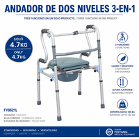 Déambulateur à deux niveaux FY9621L - Chaise de bain 3 en 1 pour personnes âgées avec support ergonomique pour se lever