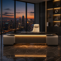 Ensemble de bureau de direction en forme de L de luxe moderne en bois d'ébène avec plateau de travail en cuir, éclairage LED, armoire latérale, certifié CE, OEM personnalisé