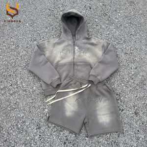 Custom Oversized Y2K <b>Spray</b> Paint Graphic Zip Hoodie and Elastic Waist Sweat Shorts Two Piece Set Mens Sweatsuit Shorts Set - Product Image 4
