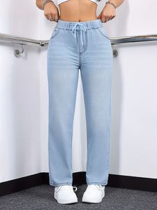 Cintura elastica <span class=keywords><strong>con</strong></span> coulisse a <span class=keywords><strong>vita</strong></span> media <span class=keywords><strong>Jeans</strong></span> stile Casual per <span class=keywords><strong>donna</strong></span> <span class=keywords><strong>pantaloni</strong></span> a gamba dritta <span class=keywords><strong>in</strong></span> tessuto elasticizzato - Product Image 3
