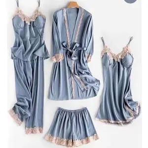 Wholesale Five-Piece Set Women's Silk Lightweight Suspender Nightdress Nightgown Shorts Trousers Pajamas With Gold Lace Piping