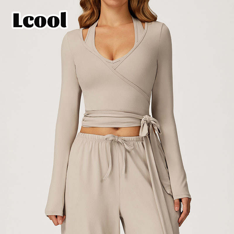 Lcool Quick Dry Activewear Long Sleeve Yoga Clothing Fitness Sports Top V-neckline Ballet Wrap Yoga Tight Top
