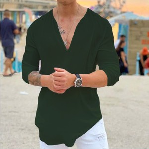 Camicia da <span class=keywords><strong>Uomo</strong></span> di Alta Qualità con <span class=keywords><strong>Scollo</strong></span> a <span class=keywords><strong>V</strong></span>, <span class=keywords><strong>T</strong></span>-<span class=keywords><strong>shirt</strong></span> in Cotone e Lino a Tinta Unita, <span class=keywords><strong>Manica</strong></span> <span class=keywords><strong>Lunga</strong></span> - Product Image 4