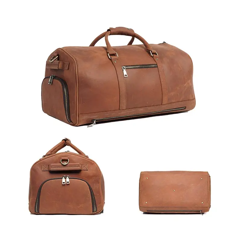 Retro Genuine Leather Travel Bag Men's Crazy Horse Leather Luggage Travel Business Bag Large Capacity Handbag Tote Shoulder Bag