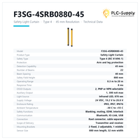 Barrière fotoélectrique de sécurité F3SG-4SRB0880-45 Type 4, 880 mm, résolution 45 mm, 22 faisceaux, portée 20 m, IP67, PNP NPN OSSD pour la protection des machines