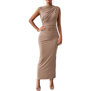 Abito lungo aderente slim fit <span class=keywords><strong>con</strong></span> <span class=keywords><strong>spacco</strong></span> e vita plissettata, senza maniche, casual da donna - Product Image 4