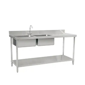VICTORY KITCHEN Éviers de cuisine Évier double avec égouttoir éviers commerciaux en inox avec 2 bassins équipement de restaurant pour cantine - Product Image 1