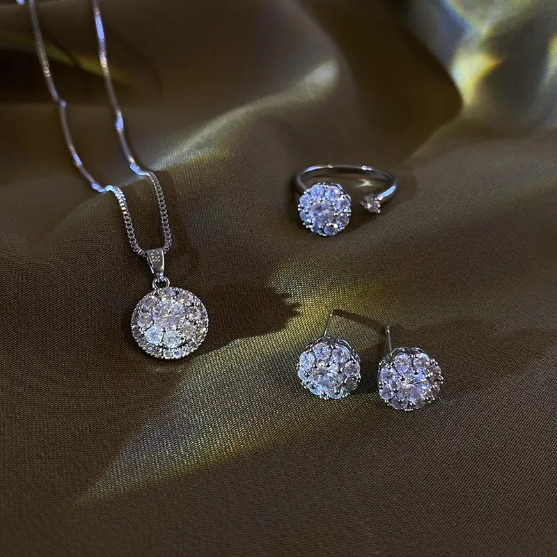 Fashion Gemstone Spinning Jewelry Earring Necklace Ring Luxury Silver Zircon Jewelry Set