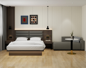 Ensemble de meubles de chambre à coucher pour hôtel 3 étoiles, lit plateforme moderne en bois avec tête de lit capitonnée, tables de chevet, armoire et meuble TV - Product Image 2