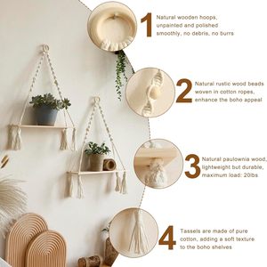 Set di 2 Mensole da Parete <span class=keywords><strong>in</strong></span> Legno - Mensole Galleggianti Boho Bianche con Macramè, Porta Piante Regolabile, Scaffale Rustico per Decorazione Murale - Product Image 4