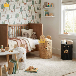 Handmade Modern Water Hyacinth Bear <b>Basket</b> with <b>Handles</b> <b>Wicker</b> Cute Animal Storage Nursery Organizer for Baby Room Bathroom - Product Image 2