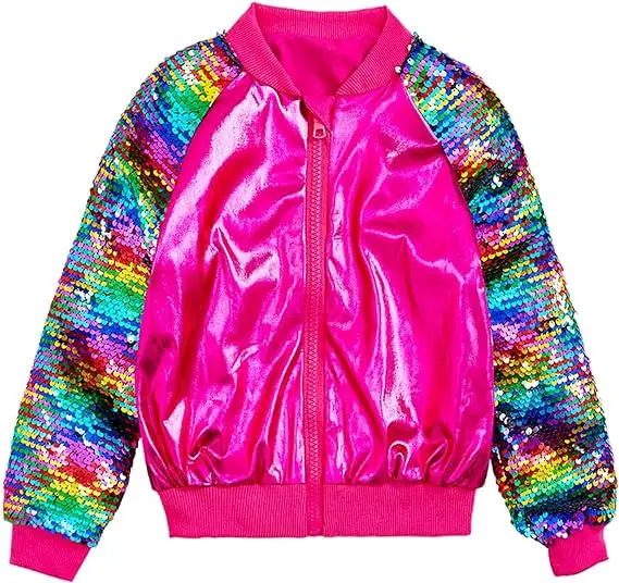 Giacche con Logo personalizzato per ragazze con Flip paillettes arcobaleno per bambini con capotavola scintillante con manica glitterata cappotto metallico lucido per ragazza