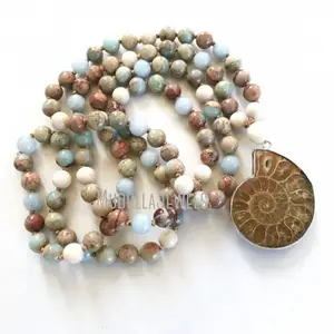 MN42537 ожерелье с надписью Lift Your Spirit, аммонит, мала, бусины с Африканским опалом, ручная работа, 108 бусин, длинное ожерелье с бисером