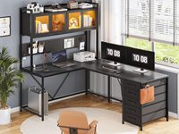 Bureau de jeu en forme de L avec tiroirs, bureau de jeu avec panneau perforé, lumières LED et prise de courant, bureau de maison, noir