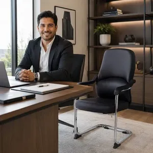 Chaise d'invité à dossier haut en similicuir avec structure cantilever chromée pour bureau, salle de conférence, réception - Product Image 1