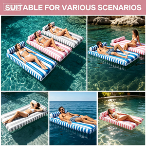 Matelas flottant gonflable rayé bleu, rose et blanc avec appui-tête amovible, pour une personne, en PVC - Product Image 3