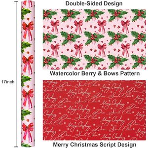 Reversible Christmas <b>Wrapping</b> <b>Paper</b> Roll Pink Holly Berry Bow 46.8 Square Feet Gift Craft Use Recyclable - Product Image 3