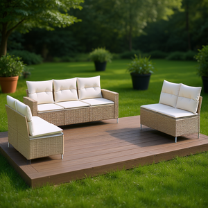 Beige Pe <b>Rattan</b> Garden <b>Sofa</b> Set Steel Frame Outdoor Furniture 6 Seater Contemporary Design - Product Image 2