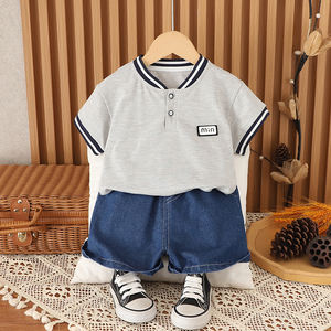 <span class=keywords><strong>2025</strong></span> Fabricante Crianças Roupas Colarinho Listrado Top Manga Curta Casual Jeans Meninos Conjuntos De Roupas Verão - Product Image 4