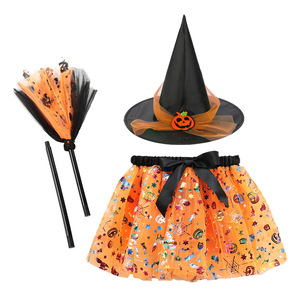 Costume de sorcière pour filles, jupe tutu pour fête d'Halloween, anniversaire, festival, cosplay, jupe avec chapeau de sorcière et balai - Product Image 1