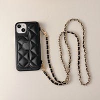 Étui de téléphone antichoc en similicuir litchi matelassé de qualité supérieure avec fentes pour cartes et cordon pour les séries 17 Pro Max 16 15 14