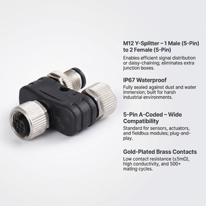 Connecteur Y-Splitter M12 en laiton étanche IP67, 5 broches, codage A, 1 femelle 2 femelles, <span class=keywords><strong>4A</strong></span> 60V pour capteur automobile et industriel - Product Image 3