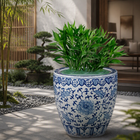 RUXI Jingdezhen Pot de fleurs en céramique craquelée bleu et blanc, style ancien, pour aquarium, cour et salon, 50L, Zen Asiatique
