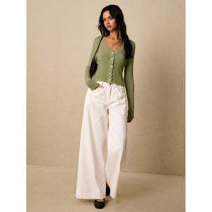 Cardigan en tricot pour femme, couleur abricot, à col en V, à boutons sur le devant, à manches longues et à ourlet festonné - Product Image 5