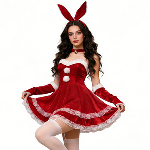 Christmas Bunny Costume Set for Women <b>Red</b> Velvet Dress with White Trim and <b>Bow</b> Sexy Fancy Dress Role Play Outfit Holiday Party - Product Image 5