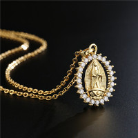 Collier pendentif Vierge Marie multicolore bleu plaqué or avec halo ovale en zircon cubique, bijoux religieux catholiques pour femmes, cadeau d'église
