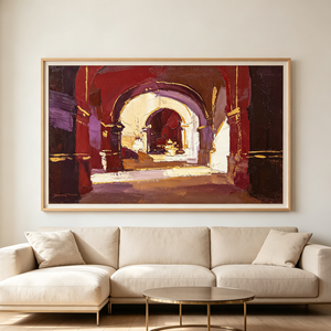 <span class=keywords><strong>Peinture</strong></span> architecturale Art Déco impasto peinte à la main sur toile, arches superposées, dorure délicate, prune bordeaux riche, à suspendre - Product Image 2