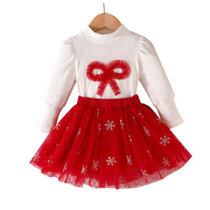 2025 Meisje Kerstoutfit Set Witte Strikken Shirt Met Lange Mouwen + Tutu Rok 2 Stuks Kleding Set - Product Image 1