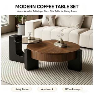 Modern Nesting Coffee <b>Table</b> Set Round Walnut Color Wood Top with Storage Drawer <b>Glass</b> <b>Side</b> for Living Room - Product Image 2