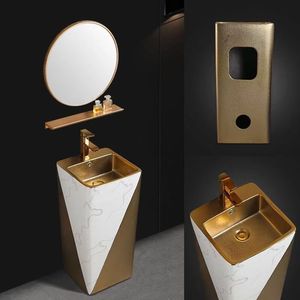Lavabo a colonna autoportante interamente placcato oro, moderno e minimalista, con lavabo in ceramica integrato monoblocco, a foro singolo, stile rustico per bagno - Product Image 4