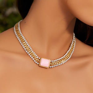 Bracelet Chaîne Tendance en Acier Inoxydable 316L Plaqué Or PVD avec Pierre Rose pour Femme – Idéal Soirées - Product Image 3