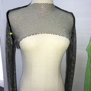 Canottiere da donna con cristalli pieni di diamanti vedere anche se la spiaggia Cover Up abbellimenti di strass a maniche lunghe maglia elastica Top corto