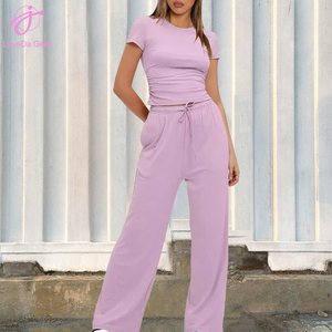 Set di abiti <span class=keywords><strong>estivi</strong></span> donna all'ingrosso Loveda tinta unita Casual Top a maniche corte e pantaloni larghi a vita alta - Product Image 1