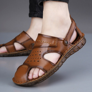 Men's Summer Flat <b>Sandals</b> Top Grain Cowhide <b>Closed</b> <b>Toe</b> Breathable Non Slip Soft Rubber Sole Khaki Brown Slip On Adult - Product Image 3