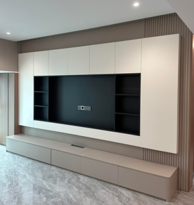 Meuble <span class=keywords><strong>TV</strong></span> <span class=keywords><strong>mural</strong></span> intégré spacieux pour grand salon avec rétroéclairage LED et compartiments de rangement - Product Image 3