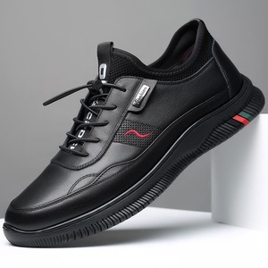 Men's Casual Leather Shoes Round Toe Lace Up Breathable Mesh Lining <b>Rubber</b> Sole British Style Black Solid Color <b>Strip</b> Decoration - Product Image 1