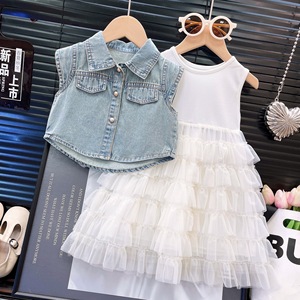 Girls Suit Skirt Summer New Denim Sleeveless <b>Top</b> Plus Mesh Skirt Two-piece Suit - Product Image 3