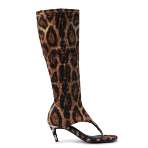 Модные полусапожки до колена с открытым носком, на каблуке с леопардовым принтом и стразами для лета и весны - Product Image 1