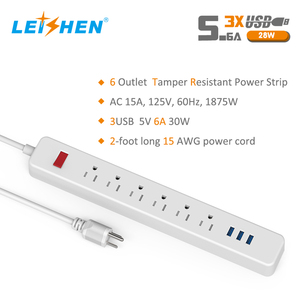 Regleta de Enchufes Estadounidense con 6 Tomas de Corriente y 3 Puertos USB, Protector de Sobretensión de Alta Resistencia de 15A 125V con Interruptor de Encendido/Apagado - Product Image 3