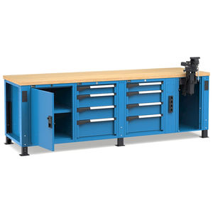 Établi réglable Fami Master 250cm bleu avec 8 tiroirs, armoire, étau et 4 prises - Product Image 1