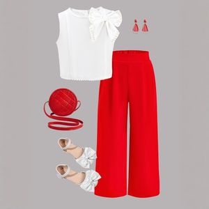 Abiti estivi coreani alla <span class=keywords><strong>moda</strong></span> 2025 con fiocco di perle T Shirt senza maniche pantaloni dritti per bambini 2 pezzi - Product Image 1