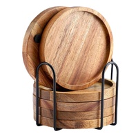Ensemble de sous-verres ronds en bois d'acacia au design moderne fabriqués sur mesure avec support en métal salle à manger maison thé vin café table de cuisine bol tapis de vaisselle