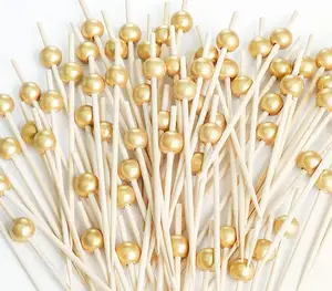 100pcs Appetizers Fruit Party Handmade Bamboo Fancy Gold Pearl Cocktail Toothpicks for Appetizers Picks