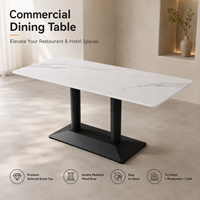 Table à manger moderne en pierre frittée, aspect marbre, base en métal noir, rectangulaire avec coins arrondis, pour hôtel, restaurant, OEM personnalisé